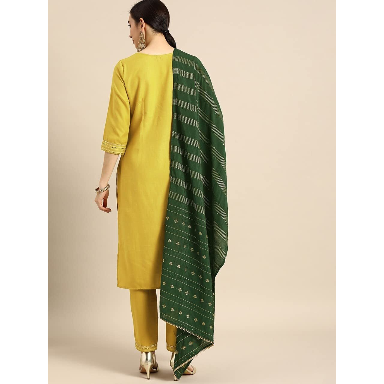 ANNI DESIGNER Women's Ruby Cotton Straight Solid Kurta with Palazzo & Dupatta (SURAT Mehandi_M-Yellow_Large)