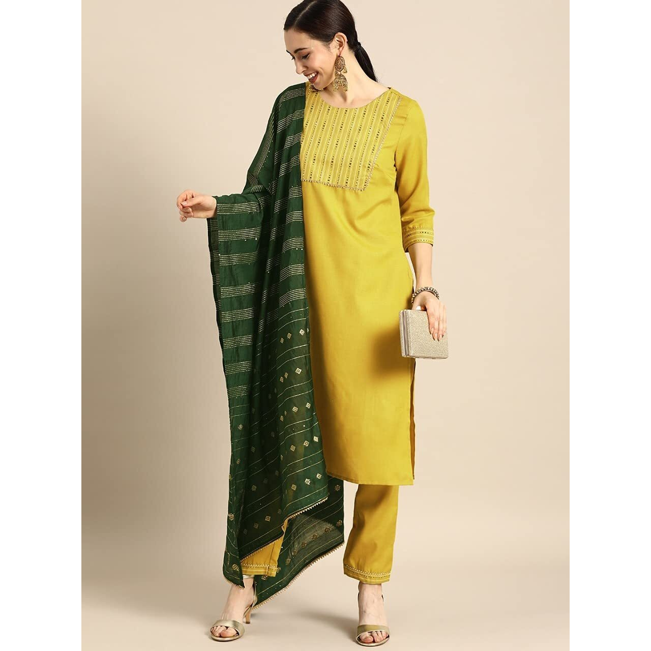 ANNI DESIGNER Women's Ruby Cotton Straight Solid Kurta with Palazzo & Dupatta (SURAT Mehandi_M-Yellow_Large)