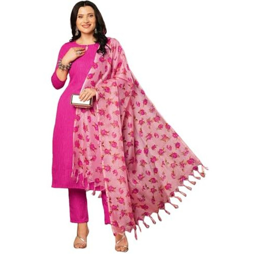 ANNI DESIGNER Women's Rayon Blend Printed Straight Kurta with Pant & Dupatta (BARHAI PINK-VKS01_L_Pink_Large)