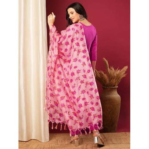 ANNI DESIGNER Women's Rayon Blend Printed Straight Kurta with Pant & Dupatta (BARHAI PINK-VKS01_L_Pink_Large)