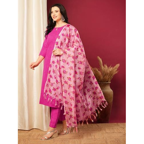 ANNI DESIGNER Women's Rayon Blend Printed Straight Kurta with Pant & Dupatta (BARHAI PINK-VKS01_L_Pink_Large)