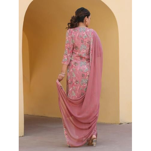 ANNI DESIGNER Women's Rayon Blend Printed Straight Kurta with Pant & Dupatta (VICE Peach_L_Peach_Large)