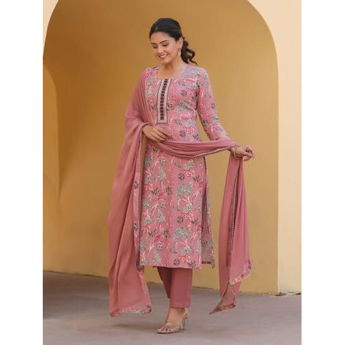 ANNI DESIGNER Women's Rayon Blend Printed Straight Kurta with Pant & Dupatta (VICE Peach_L_Peach_Large)