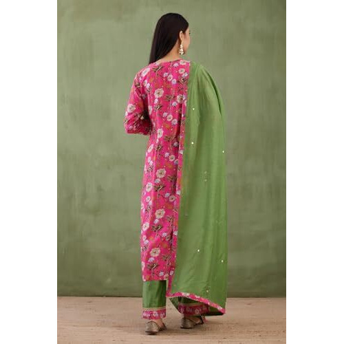 ANNI DESIGNER Women's Rayon Viscose Straight Printed Kurta with Pant & Dupatta (ASMAT Pink_XXL_Pink_XX-Large)