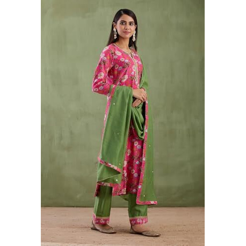 ANNI DESIGNER Women's Rayon Viscose Straight Printed Kurta with Pant & Dupatta (ASMAT Pink_XXL_Pink_XX-Large)