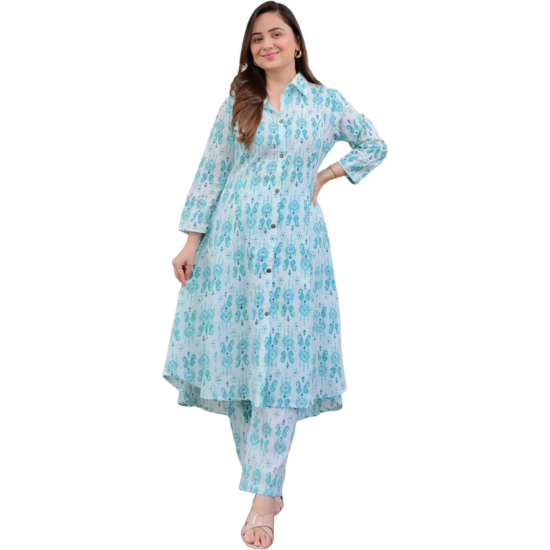 ANNI DESIGNER Women's Cotton Blend Anarkali Printed Kurta with Pant (DIPU Sky_S_Sky Blue_Small)