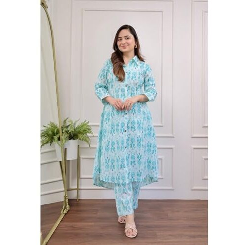 ANNI DESIGNER Women's Cotton Blend Anarkali Printed Kurta with Pant (DIPU Sky_S_Sky Blue_Small)