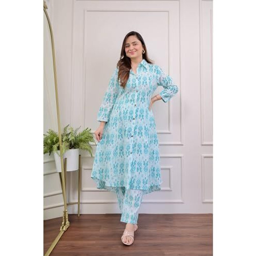 ANNI DESIGNER Women's Cotton Blend Anarkali Printed Kurta with Pant (DIPU Sky_S_Sky Blue_Small)
