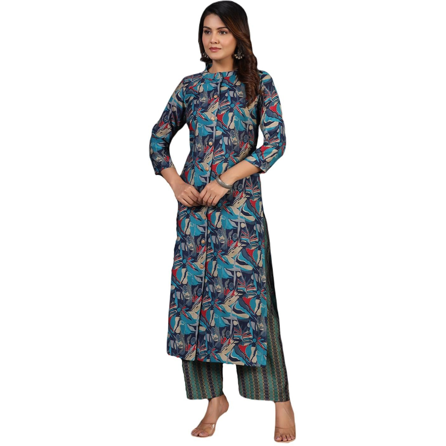 ANNI DESIGNER Women's Rayon Blend Straight Printed Kurta with Pant (BBCom Blue_M_Blue_Medium)