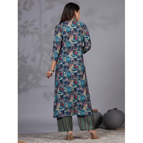 ANNI DESIGNER Women's Rayon Blend Straight Printed Kurta with Pant (BBCom Blue_M_Blue_Medium)