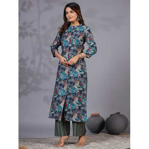 ANNI DESIGNER Women's Rayon Blend Straight Printed Kurta with Pant (BBCom Blue_M_Blue_Medium)