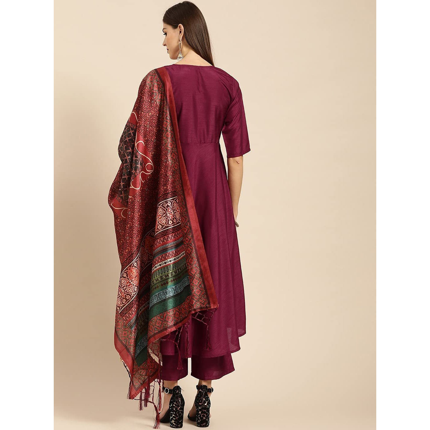 ANNI DESIGNER Women's Cotton Straight Kurta with Palazzo (GSHK111_S_Red_Small)