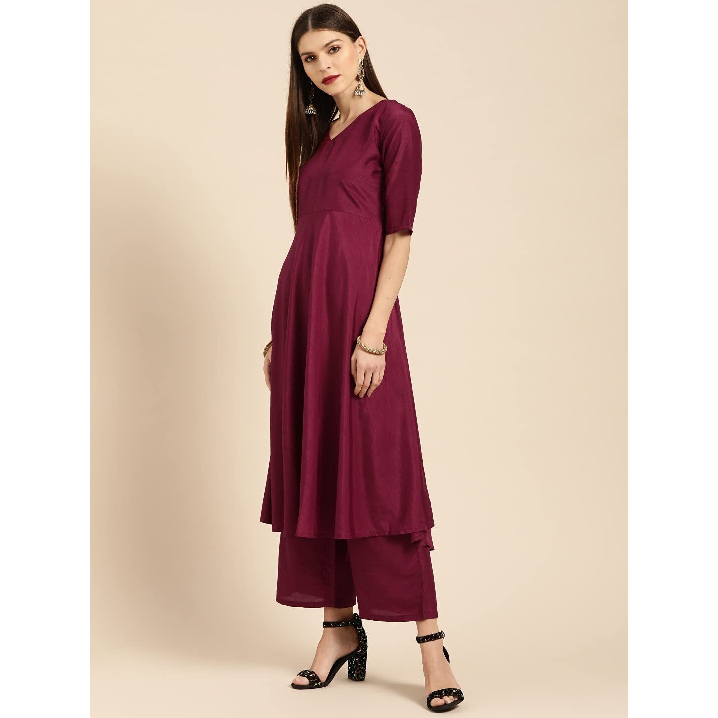 ANNI DESIGNER Women's Cotton Straight Kurta with Palazzo (GSHK111_S_Red_Small)