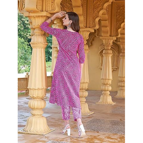 ANNI DESIGNER Women's Cotton Blend Straight Printed Kurta with Pant Set (Logar Pink_XL_Pink_X-Large)