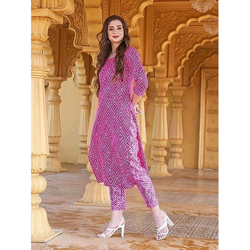 ANNI DESIGNER Women's Cotton Blend Straight Printed Kurta with Pant Set (Logar Pink_XL_Pink_X-Large)