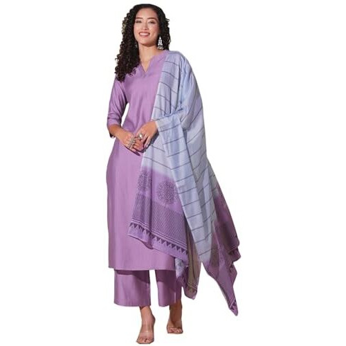 ANNI DESIGNER Women's Rayon Viscose Solid Straight Kurta with Pant & Dupatta (Paradise PURPLE-VKS01_S_Purple_Small)