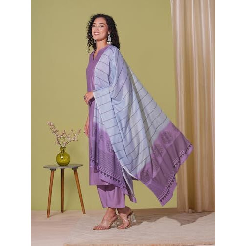 ANNI DESIGNER Women's Rayon Viscose Solid Straight Kurta with Pant & Dupatta (Paradise PURPLE-VKS01_S_Purple_Small)