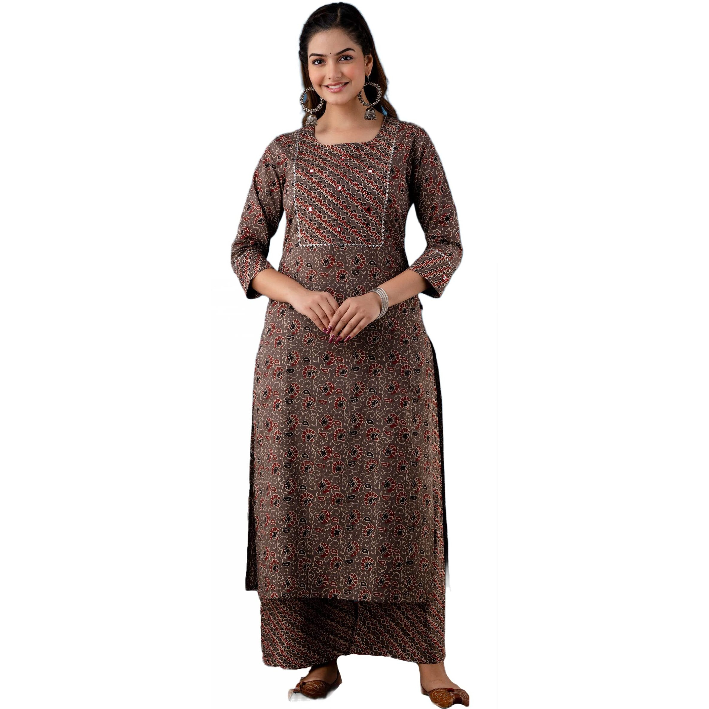 ANNI DESIGNER Women's Cotton Blend Traditional Straight Printed Kurta and Palazzo Set (Janar Dark Brown NW_S_Dark Brown_Small)