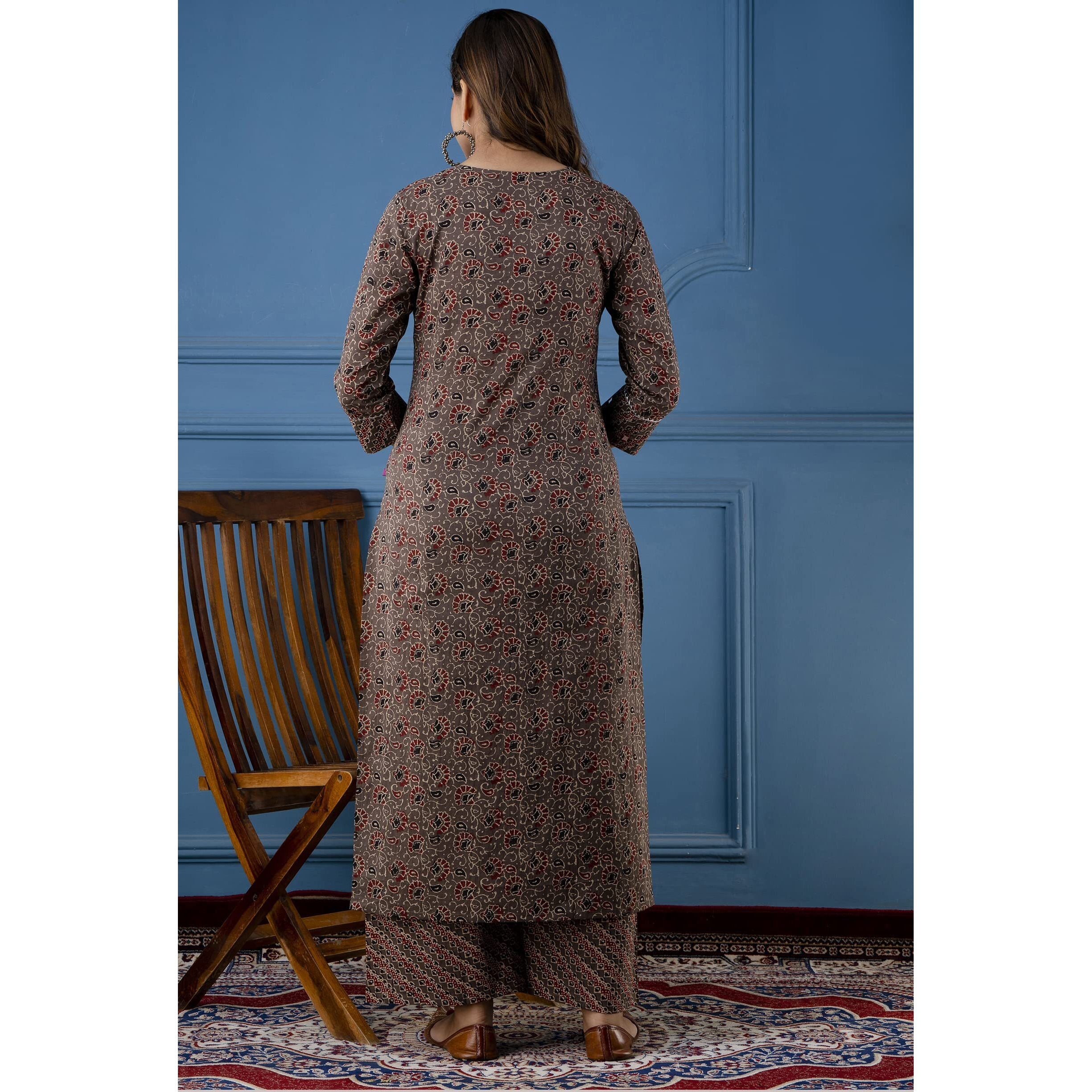 ANNI DESIGNER Women's Cotton Blend Traditional Straight Printed Kurta and Palazzo Set (Janar Dark Brown NW_S_Dark Brown_Small)