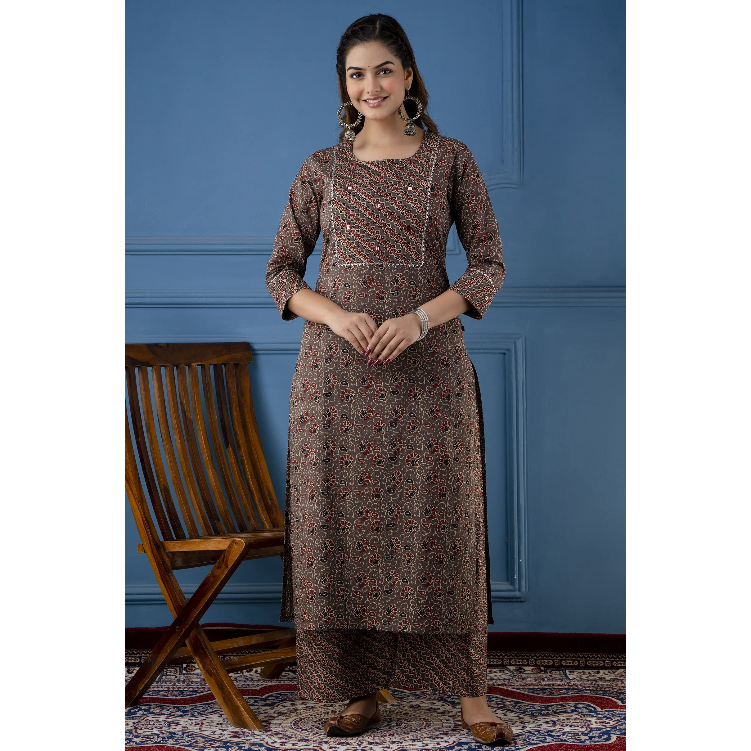 ANNI DESIGNER Women's Cotton Blend Traditional Straight Printed Kurta and Palazzo Set (Janar Dark Brown NW_S_Dark Brown_Small)