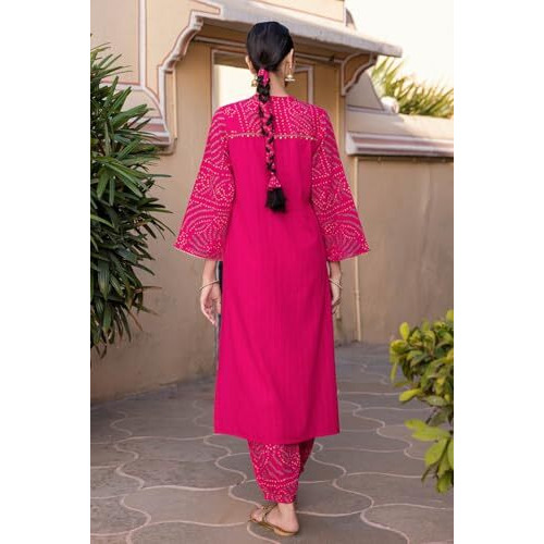 ANNI DESIGNER Women's Rayon Viscose Straight Bandhej Printed Kurta with Pant & Dupatta (KRIVA Pink_L_Pink_Large)