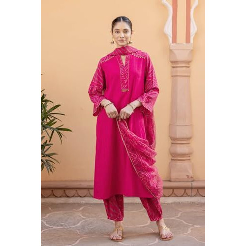 ANNI DESIGNER Women's Rayon Viscose Straight Bandhej Printed Kurta with Pant & Dupatta (KRIVA Pink_L_Pink_Large)
