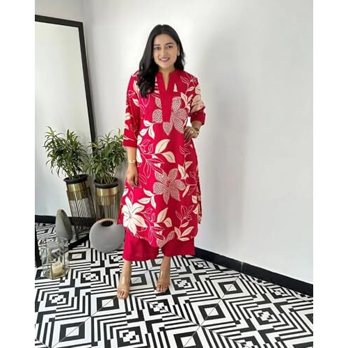 ANNI DESIGNER Women's Rayon Viscose Straight Printed Kurta with Palazzo (SAVYA Pink_XL_Pink_X-Large)