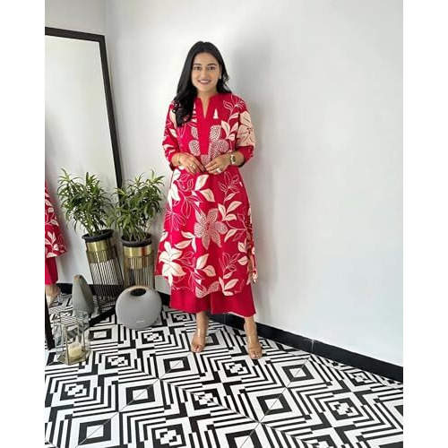 ANNI DESIGNER Women's Rayon Viscose Straight Printed Kurta with Palazzo (SAVYA Pink_XL_Pink_X-Large)