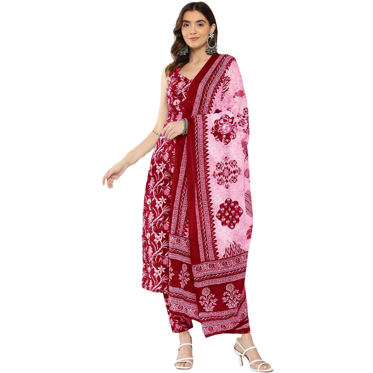 ANNI DESIGNER Women's Rayon Blend Straight Printed Kurta with Pant & Dupatta (Ball-Pink_4XL_Pink_XXXX-Large)