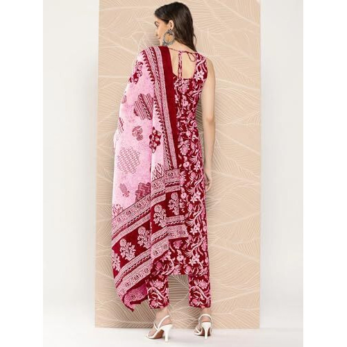 ANNI DESIGNER Women's Rayon Blend Straight Printed Kurta with Pant & Dupatta (Ball-Pink_4XL_Pink_XXXX-Large)