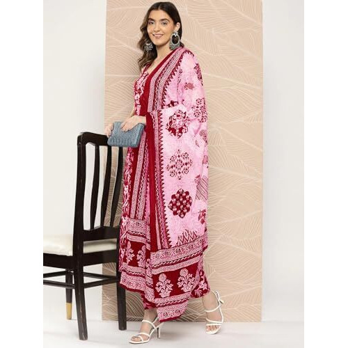 ANNI DESIGNER Women's Rayon Blend Straight Printed Kurta with Pant & Dupatta (Ball-Pink_4XL_Pink_XXXX-Large)
