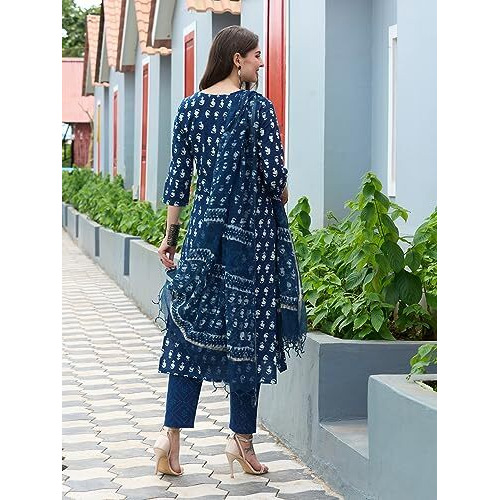ANNI DESIGNER Women's Cotton Blend Straight Printed Kurta with Pant & Dupatta (Thaka Blue_XL_Blue_X-Large)