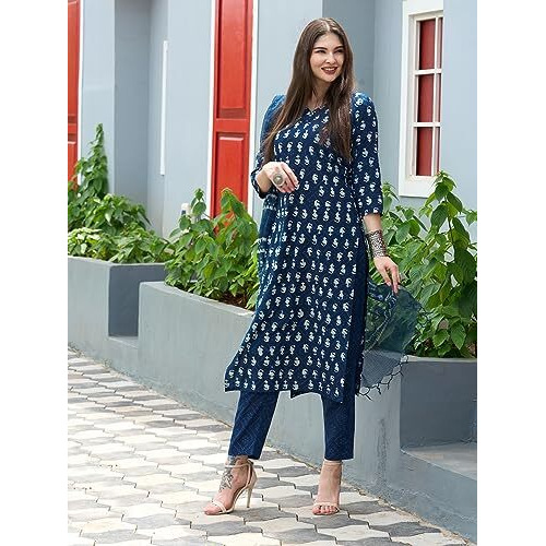 ANNI DESIGNER Women's Cotton Blend Straight Printed Kurta with Pant & Dupatta (Thaka Blue_XL_Blue_X-Large)