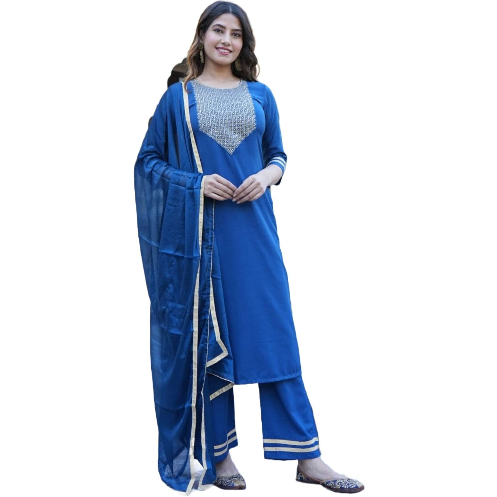 ANNI DESIGNER Women's Cotton Blend Floral Straight Kurta with Palazzo & Dupatta (Label CEROSIN-Jan40_Blue_XXXX-Large)