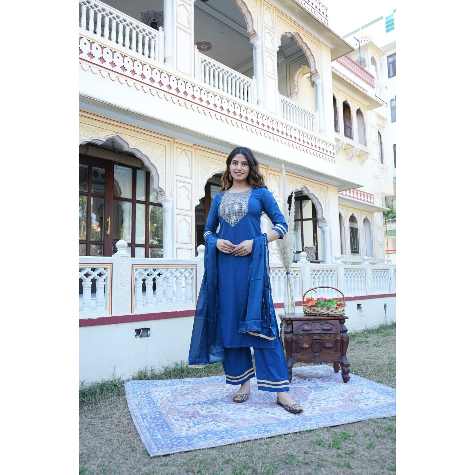 ANNI DESIGNER Women's Cotton Blend Floral Straight Kurta with Palazzo & Dupatta (Label CEROSIN-Jan40_Blue_XXXX-Large)
