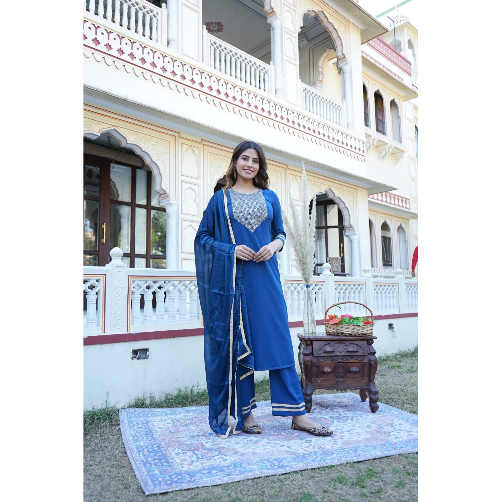 ANNI DESIGNER Women's Cotton Blend Floral Straight Kurta with Palazzo & Dupatta (Label CEROSIN-Jan40_Blue_XXXX-Large)