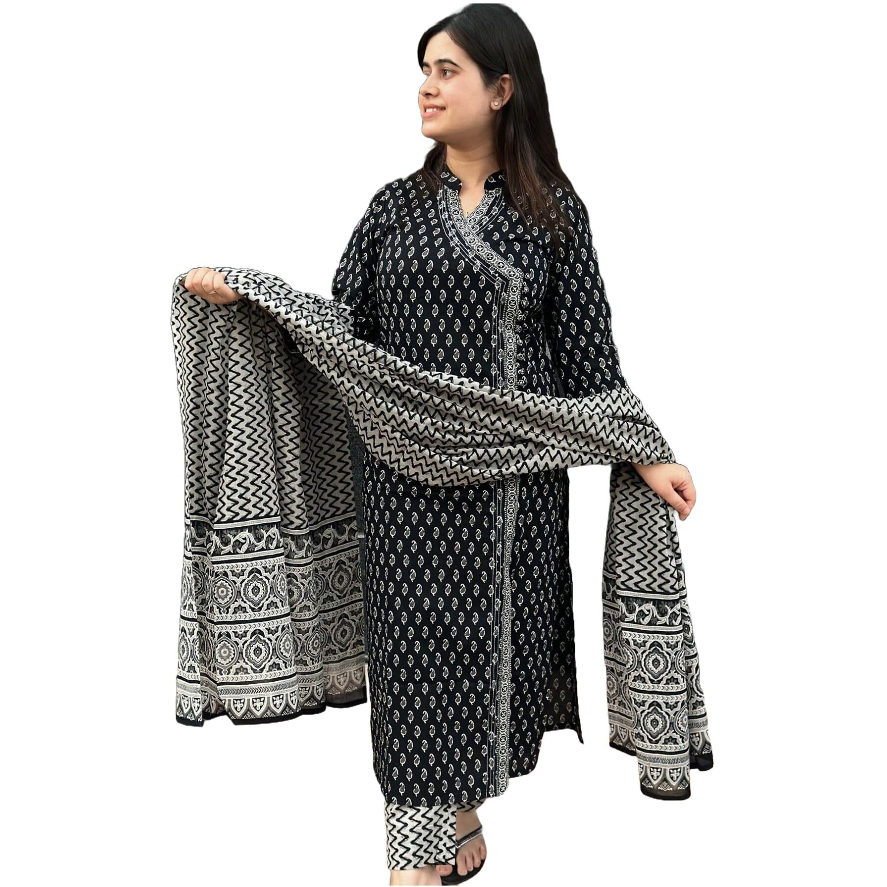 ANNI DESIGNER Women's Rayon Blend Straight Printed Kurta with Pant & Dupatta (MISHRU Black_5XL_Black_XXXXX-Large)