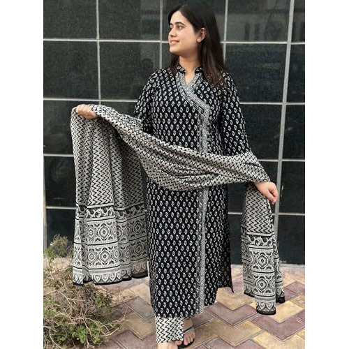 ANNI DESIGNER Women's Rayon Blend Straight Printed Kurta with Pant & Dupatta (MISHRU Black_5XL_Black_XXXXX-Large)