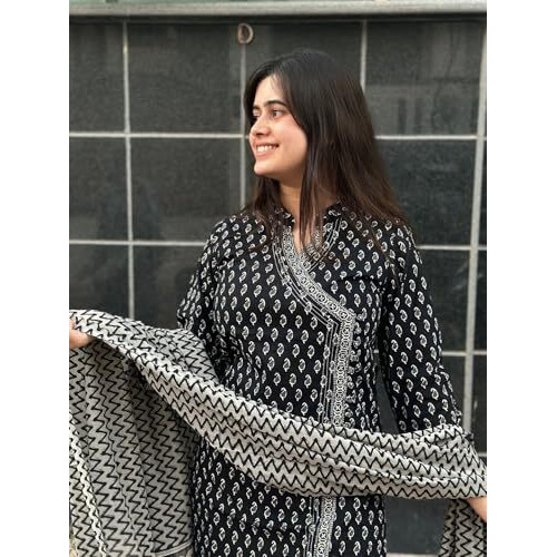 ANNI DESIGNER Women's Rayon Blend Straight Printed Kurta with Pant & Dupatta (MISHRU Black_5XL_Black_XXXXX-Large)