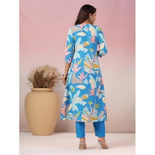 ANNI DESIGNER Women's Rayon Blend Straight Printed Kurta with Pant (Jonaki Blue-NW_M_Blue_Medium)