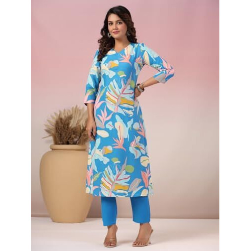 ANNI DESIGNER Women's Rayon Blend Straight Printed Kurta with Pant (Jonaki Blue-NW_M_Blue_Medium)