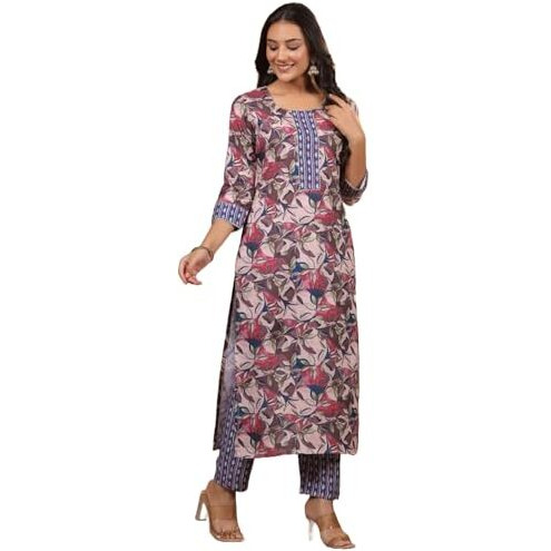 ANNI DESIGNER Women's Cotton Blend Printed Straight Kurta with Pant (Gautami_Blue_X-Large)