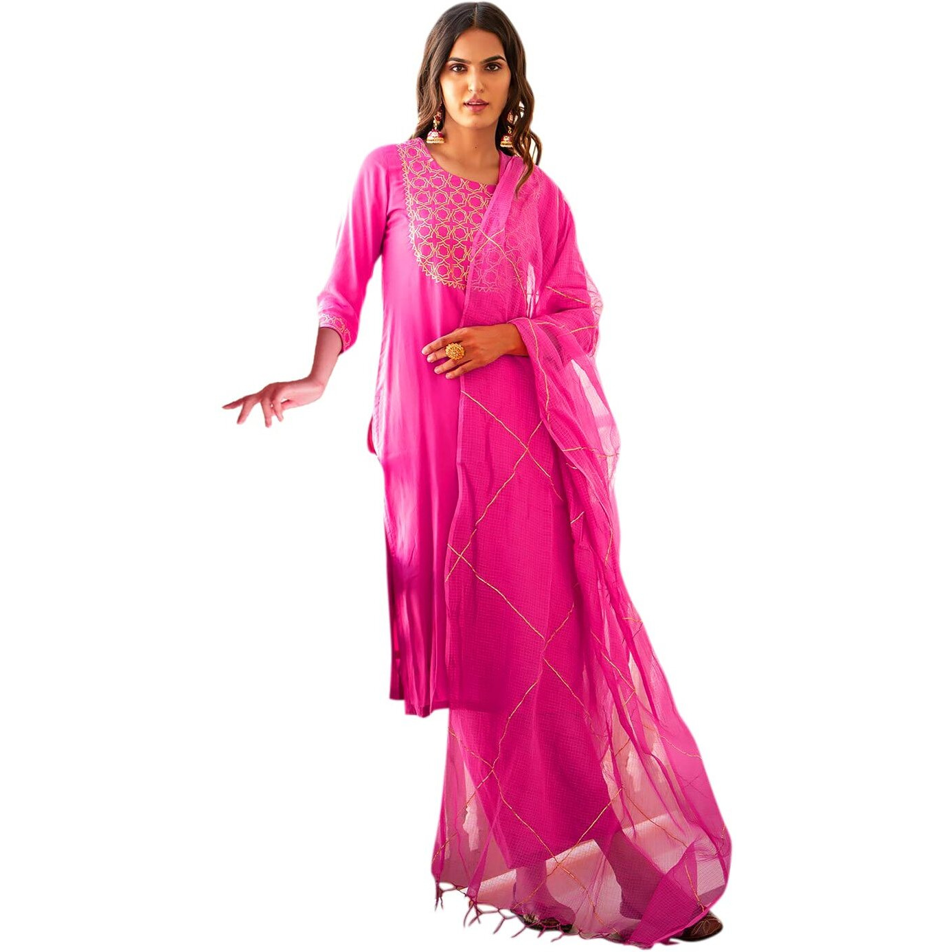 ANNI DESIGNER Women's Cotton Blend Printed Straight Kurta with Pant & Dupatta (Khunti STY Pink_XXL_Pink_XX Large)