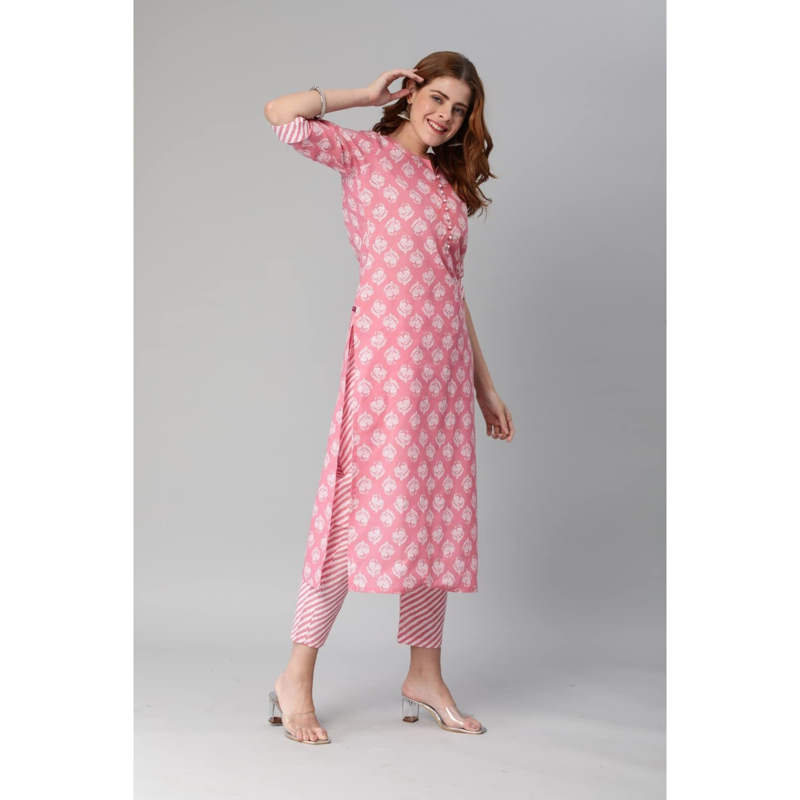 ANNI DESIGNER Women's Cotton Blend Printed Straight Kurta with Pant (Funnu Pink_S_Pink_Small)