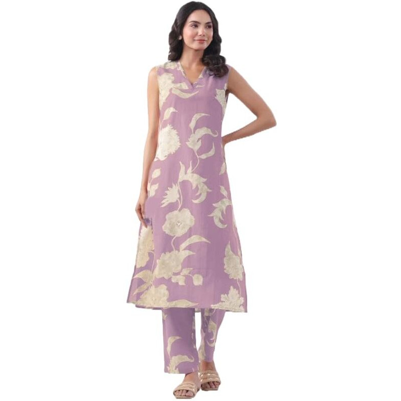 ANNI DESIGNER Women's Rayon Viscose Straight Printed Kurta with Pant (Teras Purple_M_Purple_Medium)