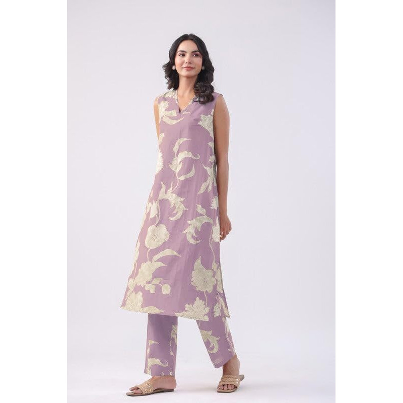 ANNI DESIGNER Women's Rayon Viscose Straight Printed Kurta with Pant (Teras Purple_M_Purple_Medium)