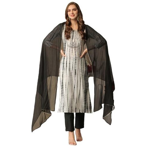 ANNI DESIGNER Women's Rayon Blend Straight Printed Kurta with Pant & Dupatta (Tiedye Black_S_Black_Small)