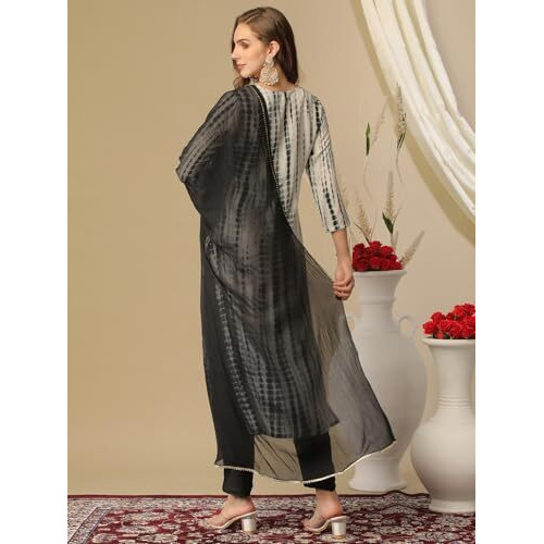 ANNI DESIGNER Women's Rayon Blend Straight Printed Kurta with Pant & Dupatta (Tiedye Black_S_Black_Small)