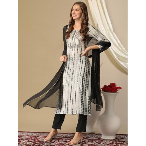 ANNI DESIGNER Women's Rayon Blend Straight Printed Kurta with Pant & Dupatta (Tiedye Black_S_Black_Small)