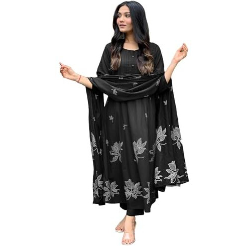 ANNI DESIGNER Women's Rayon Viscose Anarkali Printed Kurta with Pant & Dupatta (Gangori Black_XXL_Black_XX-Large)
